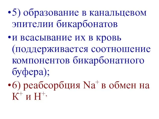 5) образование в канальцевом эпителии бикарбонатов и всасывание их в кровь