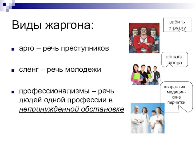 Виды жаргона: арго – речь преступников сленг – речь молодежи профессионализмы