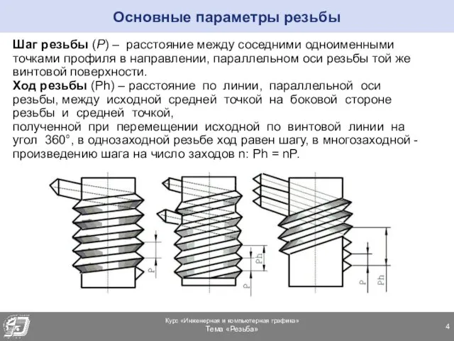 Шаг резьбы (P) – расстояние между соседними одноименными точками профиля в