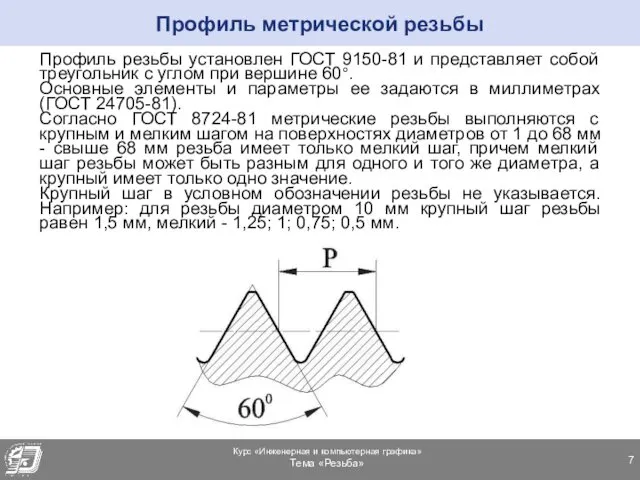 Профиль резьбы установлен ГОСТ 9150-81 и представляет собой треугольник с углом