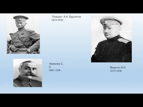 Генерал А.А. Брусилов 1853-1926 Вацетис И.И. 1873-1938 Каменев С.С. 1881-1936