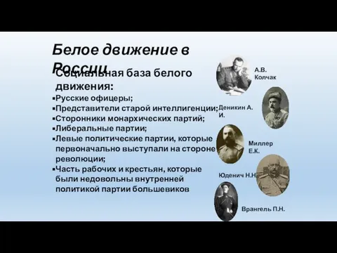 Белое движение в России Социальная база белого движения: Русские офицеры; Представители