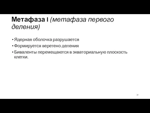 Метафаза I (метафаза первого деления) Ядерная оболочка разрушается Формируется веретено деления