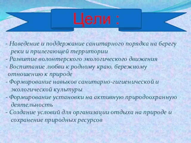 Цели : Наведение и поддержание санитарного порядка на берегу реки и