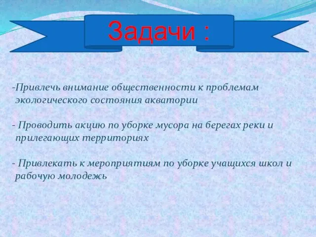 Задачи : Привлечь внимание общественности к проблемам экологического состояния акватории Проводить