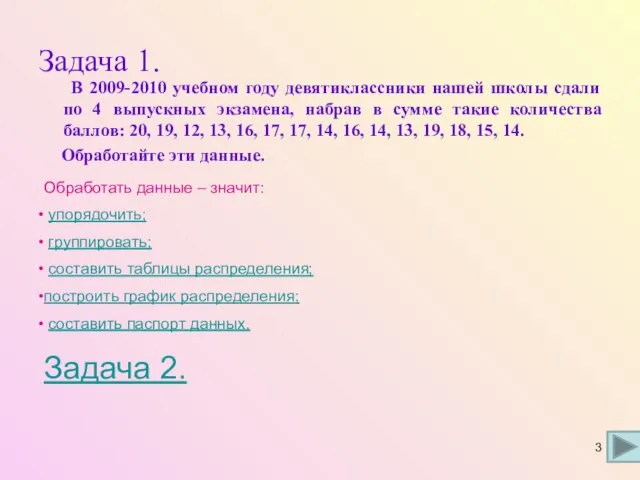 Задача 1. В 2009-2010 учебном году девятиклассники нашей школы сдали по