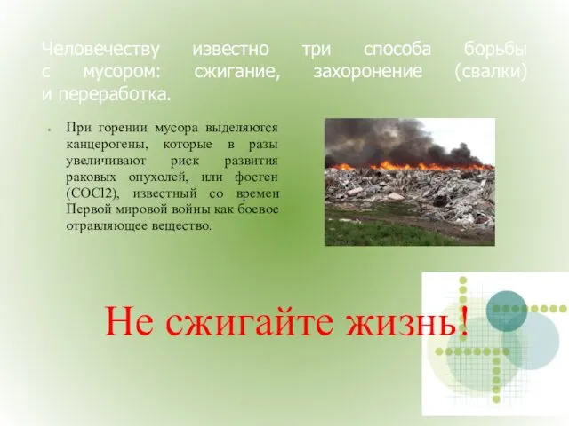 Человечеству известно три способа борьбы с мусором: сжигание, захоронение (свалки) и