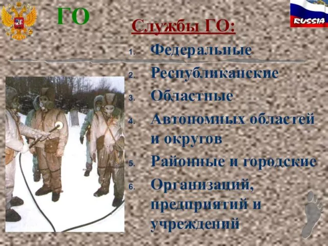 ГО Службы ГО: Федеральные Республиканские Областные Автономных областей и округов Районные