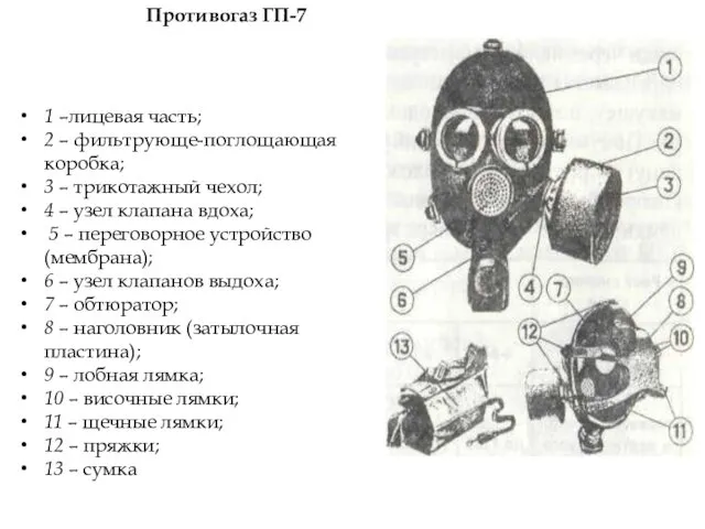 Противогаз ГП-7 1 –лицевая часть; 2 – фильтрующе-поглощающая коробка; 3 –