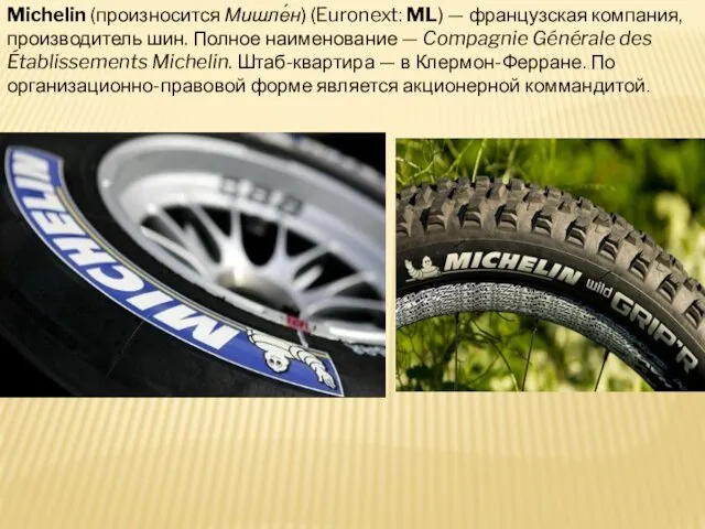 Michelin (произносится Мишле́н) (Euronext: ML) — французская компания, производитель шин. Полное