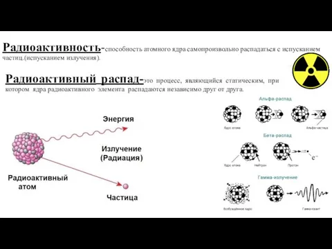 Радиоактивность-способность атомного ядра самопроизвольно распадаться с испусканием частиц.(испусканием излучения). Радиоактивный распад-это