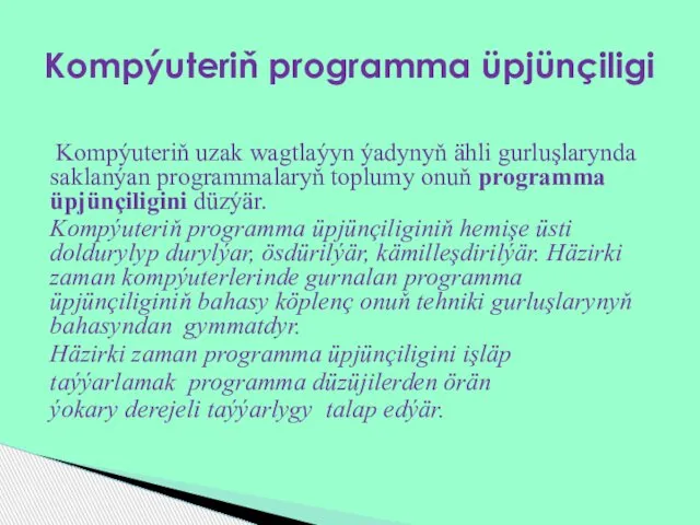 Kompýuteriň uzak wagtlaýyn ýadynyň ähli gurluşlarynda saklanýan programmalaryň toplumy onuň programma