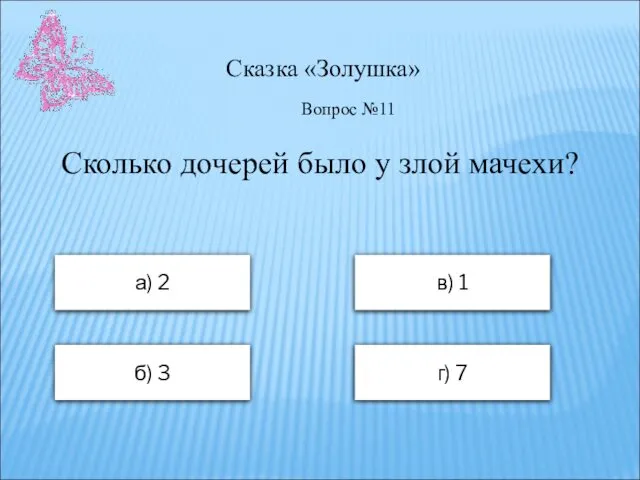 Сказка «Золушка» а) 2 в) 1 б) 3 г) 7 Вопрос