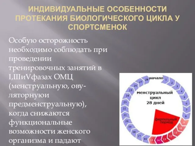 ИНДИВИДУАЛЬНЫЕ ОСОБЕННОСТИ ПРОТЕКАНИЯ БИОЛОГИЧЕСКОГО ЦИКЛА У СПОРТСМЕНОК Особую осторожность необходимо соблюдать