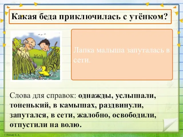 Слова для справок: однажды, услышали, тоненький, в камышах, раздвинули, запутался, в