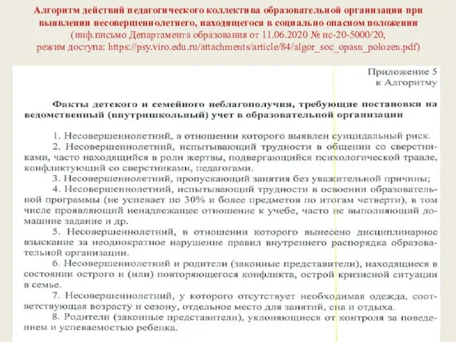 Алгоритм действий педагогического коллектива образовательной организации при выявлении несовершеннолетнего, находящегося в