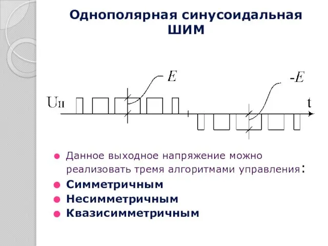 Однополярная синусоидальная ШИМ Данное выходное напряжение можно реализовать тремя алгоритмами управления: Симметричным Несимметричным Квазисимметричным