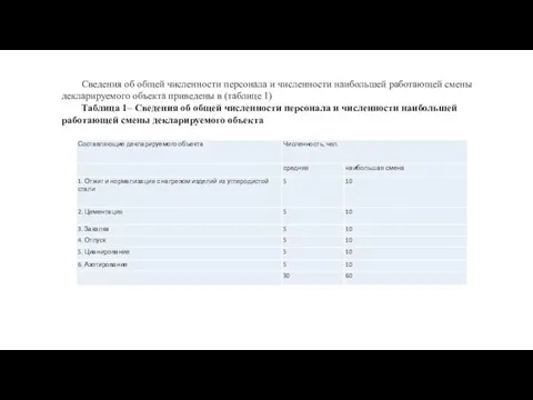 Сведения об общей численности персонала и численности наибольшей работающей смены декларируемого