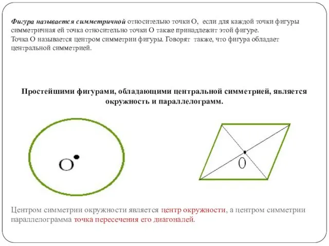 Фигура называется симметричной относительно точки О, если для каждой точки фигуры