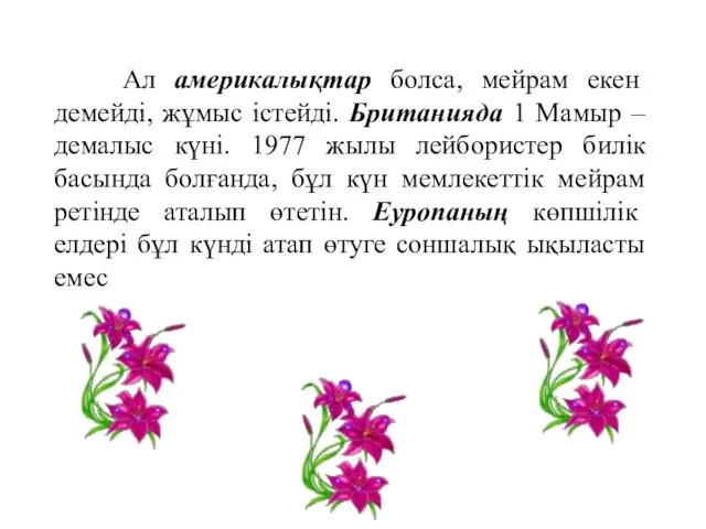 Ал америкалықтар болса, мейрам екен демейді, жұмыс істейді. Британияда 1 Мамыр