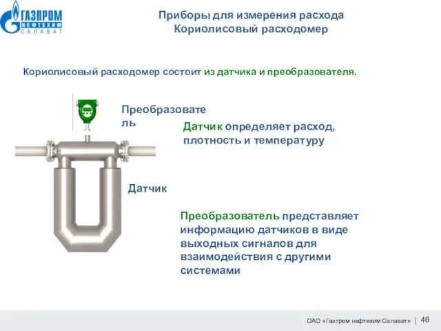 Приборы для измерения расхода Кориолисовый расходомер Кориолисовый расходомер состоит из датчика