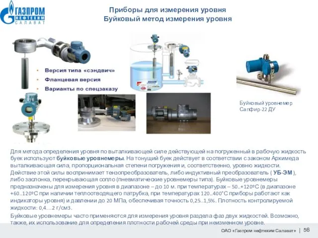 Приборы для измерения уровня Буйковый метод измерения уровня Для метода определения