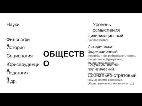 ОБЩЕСТВО Философия История Социология Юриспруденция Педагогика и др. Цивилизационный (человечество) Науки