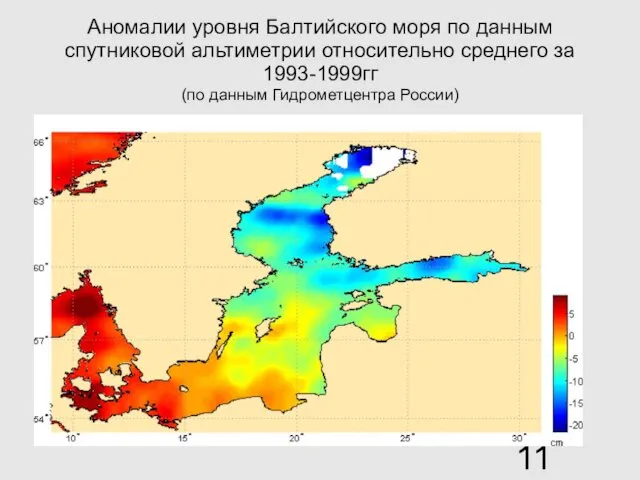 Аномалии уровня Балтийского моря по данным спутниковой альтиметрии относительно среднего за 1993-1999гг (по данным Гидрометцентра России)