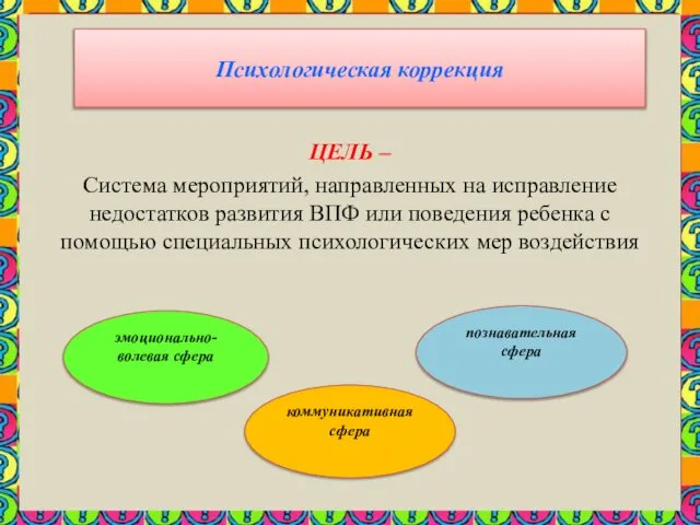 Психологическая коррекция ЦЕЛЬ – Система мероприятий, направленных на исправление недостатков развития