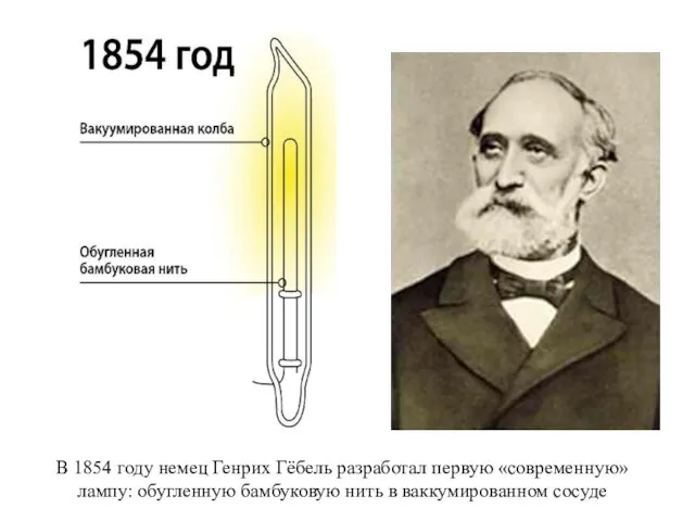 В 1854 году немец Генрих Гёбель разработал первую «современную» лампу: обугленную бамбуковую нить в ваккумированном сосуде