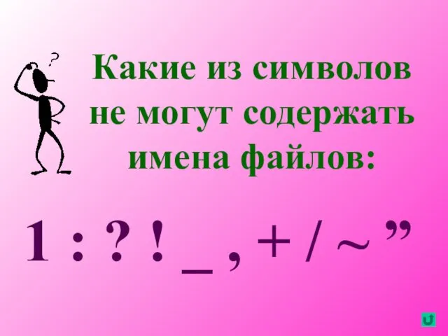 Какие из символов не могут содержать имена файлов: 1 : ?