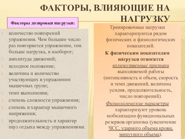 ФАКТОРЫ, ВЛИЯЮЩИЕ НА НАГРУЗКУ количество повторений упражнения. Чем большее число раз