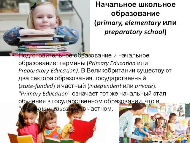 Начальное школьное образование (primary, elementary или preparatory school) Подготовительное образование и