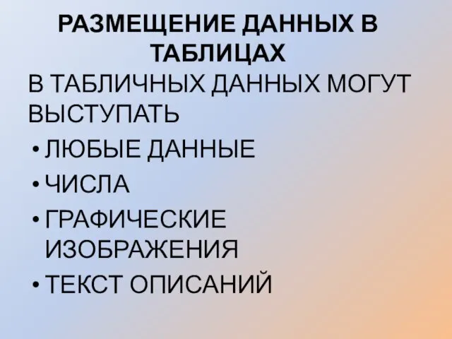 РАЗМЕЩЕНИЕ ДАННЫХ В ТАБЛИЦАХ В ТАБЛИЧНЫХ ДАННЫХ МОГУТ ВЫСТУПАТЬ ЛЮБЫЕ ДАННЫЕ ЧИСЛА ГРАФИЧЕСКИЕ ИЗОБРАЖЕНИЯ ТЕКСТ ОПИСАНИЙ