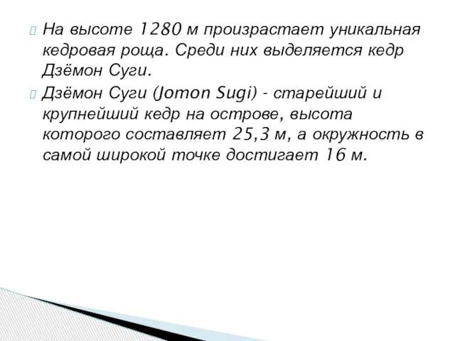 На высоте 1280 м произрастает уникальная кедровая роща. Среди них выделяется