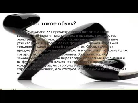 Что такое обувь? Обувь – изделие для предохранения ног от внешних