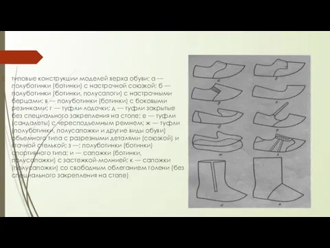 типовые конструкции моделей верха обуви: а — полуботинки (ботинки) с настрочной