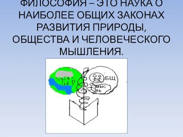 ФИЛОСОФИЯ – ЭТО НАУКА О НАИБОЛЕЕ ОБЩИХ ЗАКОНАХ РАЗВИТИЯ ПРИРОДЫ, ОБЩЕСТВА И ЧЕЛОВЕЧЕСКОГО МЫШЛЕНИЯ.