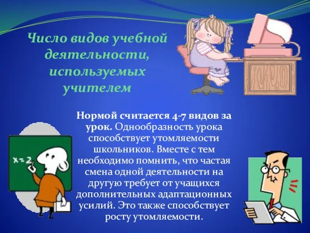 Число видов учебной деятельности, используемых учителем Нормой считается 4-7 видов за