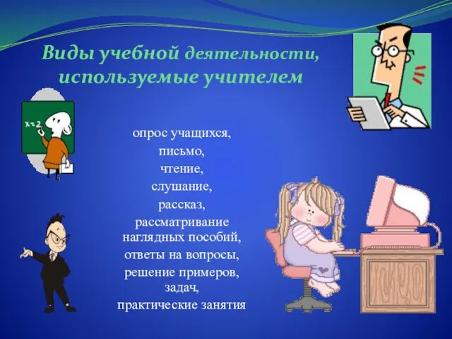 Виды учебной деятельности, используемые учителем опрос учащихся, письмо, чтение, слушание, рассказ,