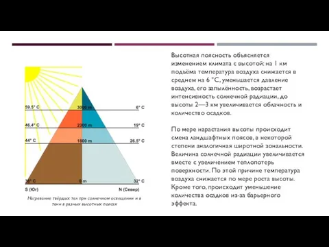 Высотная поясность объясняется изменением климата с высотой: на 1 км подъёма