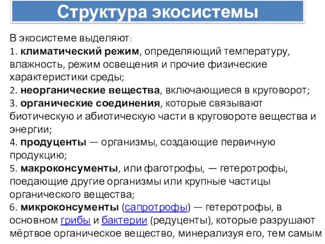 Структура экосистемы В экосистеме выделяют: 1. климатический режим, определяющий температуру, влажность,