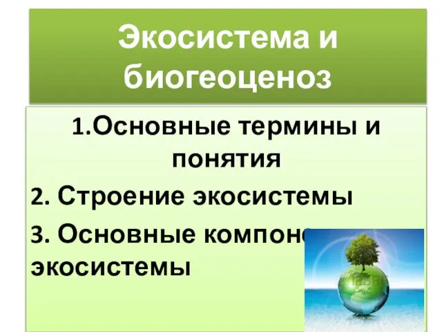 Экосистема и биогеоценоз 1.Основные термины и понятия 2. Строение экосистемы 3. Основные компоненты экосистемы