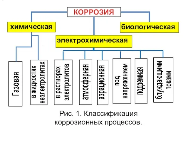 КОРРОЗИЯ химическая электрохимическая биологическая Рис. 1. Классификация коррозионных процессов.