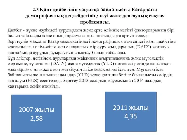 2.3 Қант диабетінің уақытқа байланысты Катардағы демографиялық деңгейдегінің: өсуі және денсаулық