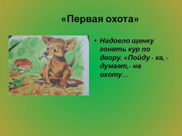 «Первая охота» Надоело щенку гонять кур по двору. «Пойду - ка, - думает,- на охоту…