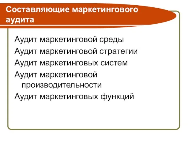 Составляющие маркетингового аудита Аудит маркетинговой среды Аудит маркетинговой стратегии Аудит маркетинговых