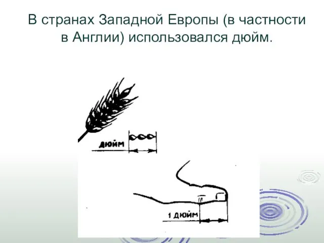 В странах Западной Европы (в частности в Англии) использовался дюйм.