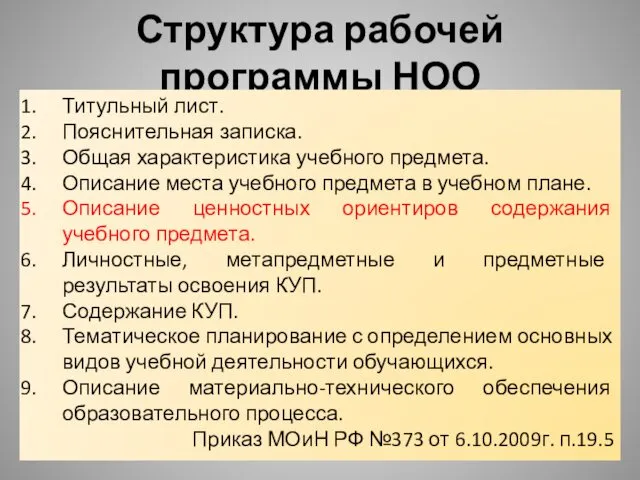 Структура рабочей программы НОО Титульный лист. Пояснительная записка. Общая характеристика учебного