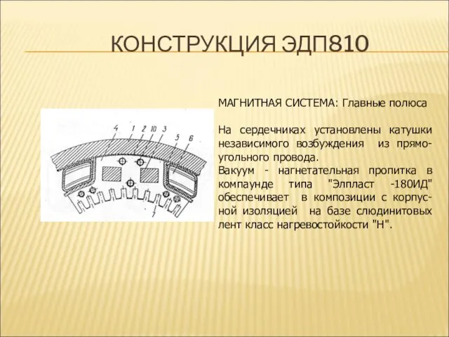 КОНСТРУКЦИЯ ЭДП810 МАГНИТНАЯ СИСТЕМА: Главные полюса На сердечниках установлены катушки независимого